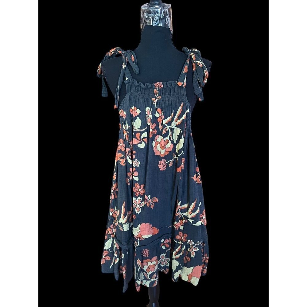 Free People Floral Ruffle Mini Dress Women XS Black Adjustable Straps bohemian